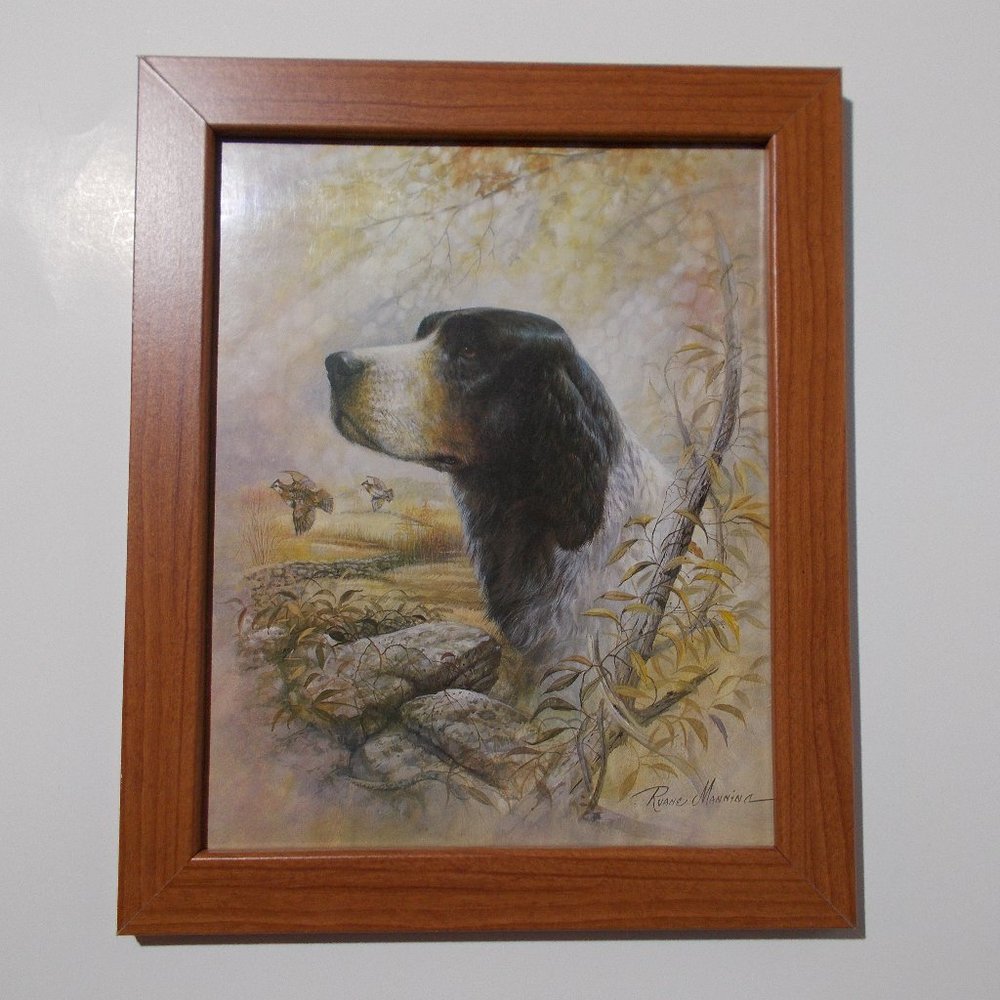 ART RUANE MANNING Hunting Dog Quail Signed Framed VTG